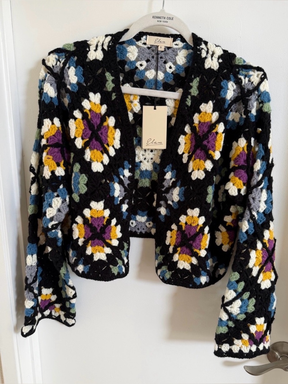NWT! Elan Black Crochet Floral Knit Cardigan with Blue, White & Gray Flowers
